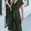 Women's V Neck Wrap Dress Twisted Slit Pleated Waist Tie Short Sleeve Summer Midi Dresses