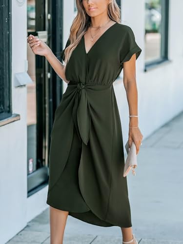 Women's V Neck Wrap Dress Twisted Slit Pleated Waist Tie Short Sleeve Summer Midi Dresses