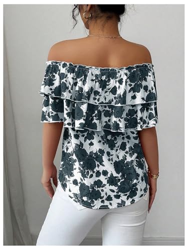 Women's Off The Shoulder Ruffle Short Sleeve Floral Print Summer Blouse Tops