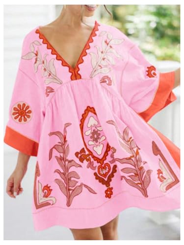 Women's Boho Print Summer Dress V Neck Half Sleeve Babydoll Flowy Loose Vacation Short Dresses
