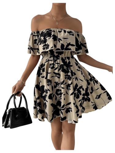 Women's Off The Shoulder Floral Summer Dresses Short Sleeve Ruffle A Line Flowy Short Dress