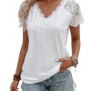 Women's Floral Lace Short Sleeve Raglan Top Casual V Neck Pullover Plain Tee Shirt