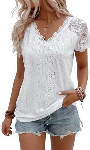 Women's Floral Lace Short Sleeve Raglan Top Casual V Neck Pullover Plain Tee Shirt