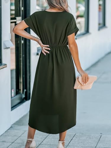 Women's V Neck Wrap Dress Twisted Slit Pleated Waist Tie Short Sleeve Summer Midi Dresses