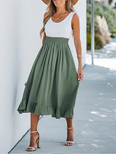 Women's Summer Midi Dresses Sleeveless Tank Smocked Beach Vacation Hawaiian 2025 Flowy Sundress