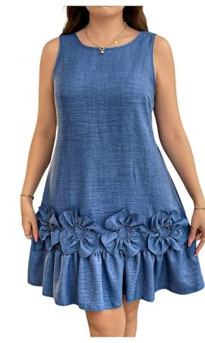 Women's Plus Size Ruffle Hem Tank Dress Crew Neck Sleeveless 3D Flower Summer Short Dresses