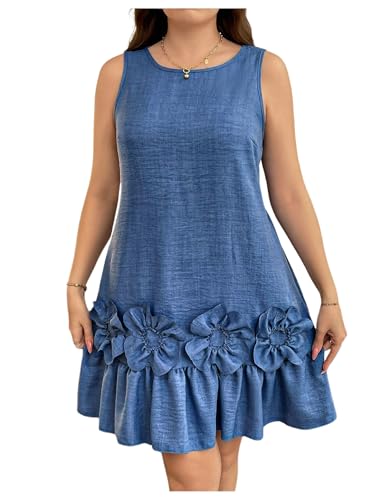 Women's Plus Size Ruffle Hem Tank Dress Crew Neck Sleeveless 3D Flower Summer Short Dresses