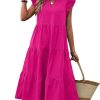 Women's Cap Sleeve Ruffle Hem Long Dress V Neck High Waist Smock Dresses