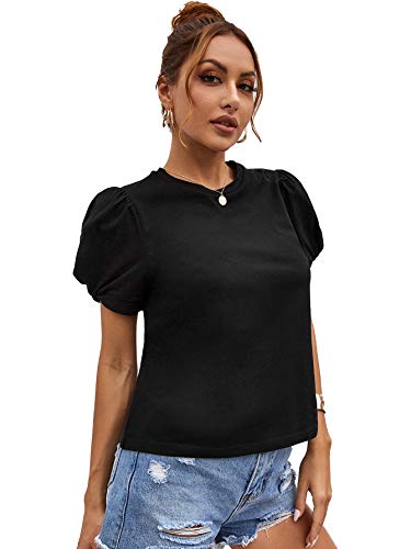 Women's Summer Short Puff Sleeve Tee Top Round Neck T-Shirt