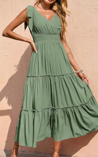 Women's Cross Neck Summer Sleeveless Tiered Maxi Dress Beach Tie Strap Smocked Long Dresses Pleated Sundress