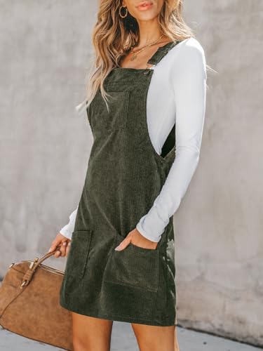Women Corduroy Fall Dresses Front Bib Pocket Square Neck Wide Strap Casual Overall Mini Dress