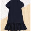 Girl's Ruffle A Line Midi Dress Button Crew Neck Short Sleeve Dresses