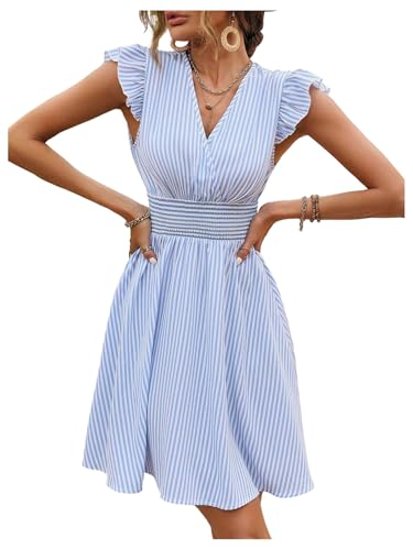 Women's Summer Party Striped Dress Ruffle V Neck A Line Flowy Beach Mini Dresses