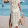 Women's Crochet Swim Suit Coverup Cap Sleeve Knit Loose Beach Cover Ups Side Split Midi Dress