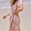 Women Summer Maxi Dress V Neck Short Sleeve Floral Print Wrap Slit Beach Casual Dress