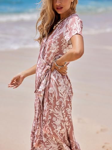 Women Summer Maxi Dress V Neck Short Sleeve Floral Print Wrap Slit Beach Casual Dress