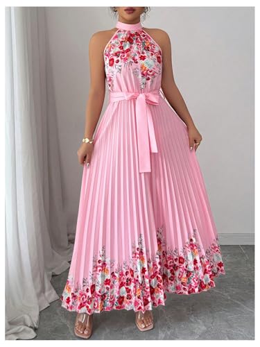 Women's Summer Floral Halter Maxi Dress Sleeveless Pleated A Line Flowy Belted Long Dresses