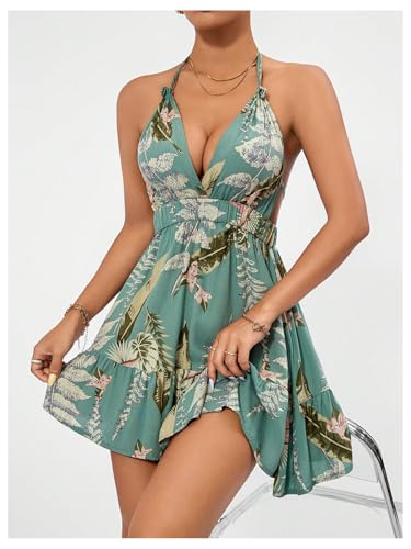 Women's Deep V Neck Ruffle Halter Dress Sleeveless A Line Boho Summer Dresses
