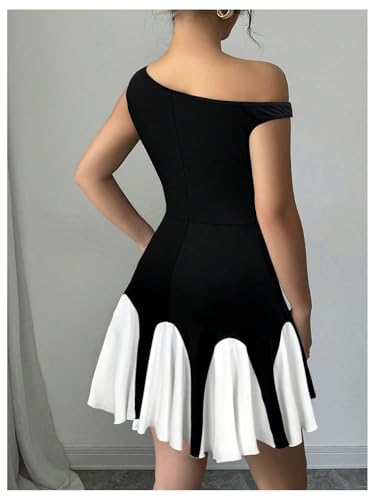 Women's Summer Off The Shoulder Mini Dress Color Block A Line Flared Cocktail Party Dresses