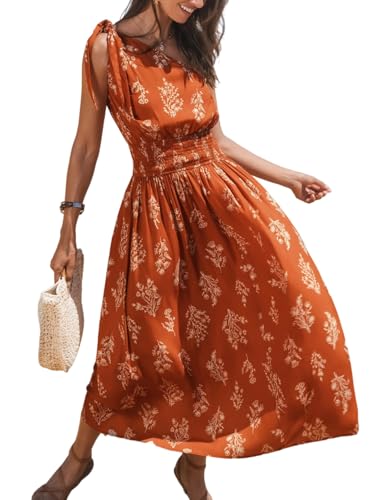 Women's One Shoulder Floral Printed Sleeveless Smocked Waist Maxi Dress Summer Boho Long Dress