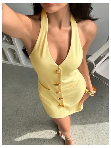 Women's Deep V Neck Halter Fitted Mini Dress Button Down Sleeveless Summer Vacation Dresses
