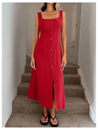 Women's Square Neck Button Down Summer Dresses Bow Tie Elegant Midi Dress