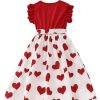 Girl's Cute Heart Print Belted High Waist Ruffle Hem Flared A Line Short Dress