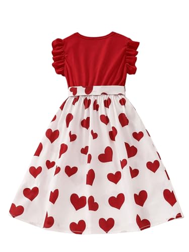 Girl's Cute Heart Print Belted High Waist Ruffle Hem Flared A Line Short Dress