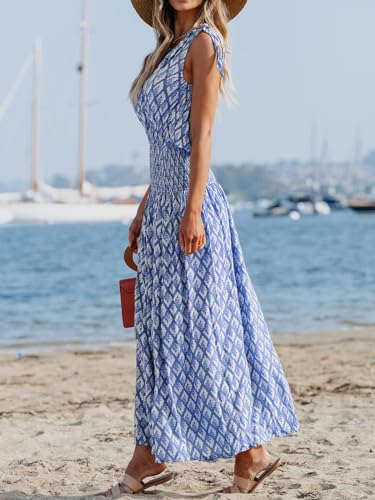 Women's Maxi Dress One Shoulder Sleeveless Smocked Floral Printed Self Tie Boho Long Dress Summer Dress Blue Floral, S