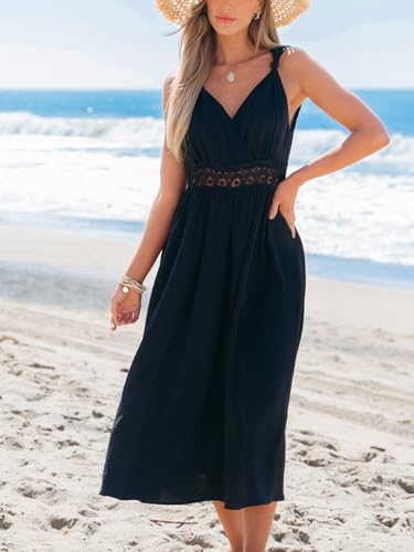 Women's Summer Casual Maxi Dress V Neck Sleeveless Contrast Lace Long Dress