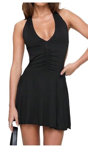 Women's Summer Sleeveless Halter Bodycon Mini Dress High Waist Backless Ruched Club Party Dress