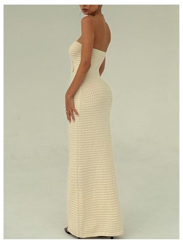 Women's Summer Crochet Tube Maxi Dress Tie Front Strapless Sleeveless Bodycon Knit Long Dresses