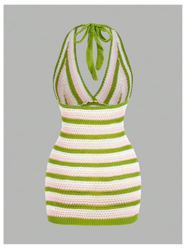 Women's Striped Backless Halter Mini Dresses Sleeveless Bodycon Vacation Knit Dress