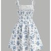 Girl's Floral Print Ruched A Line Short Dress Tie Shoulder Spaghetti Strap Sundress