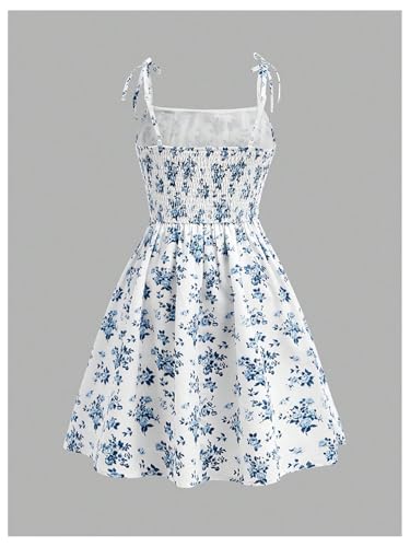 Girl's Floral Print Ruched A Line Short Dress Tie Shoulder Spaghetti Strap Sundress