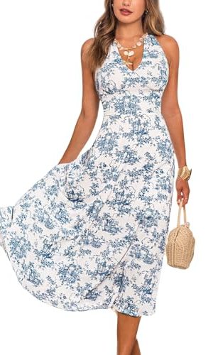 Women Halter Floral Summer Dresses Plunge V Backless Sleeveless Casual Vacation Dress Beach Holiday Midi Sundress