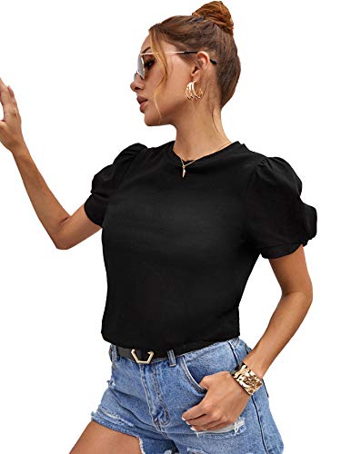 Women's Summer Short Puff Sleeve Tee Top Round Neck T-Shirt