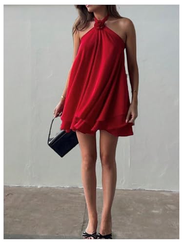Women's Summer Halter Dress 3D Floral Ruffle Swing Flowy Beach Mini Dresses