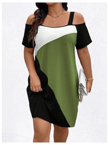 Women's Plus Size Dress Cold Shoulder Color Block Short Sleeve T Shirt Dress Casual Summer Dresses