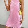 Women's Lettuce Trim Halter Neck Mini Dress Casual Tie Back Party Cami Dress