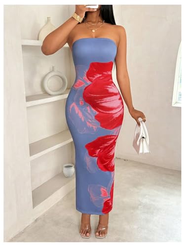 Women's Floral Print Tube Bodycon Long Dress Strapless Sleeveless Summer Maxi Dresses