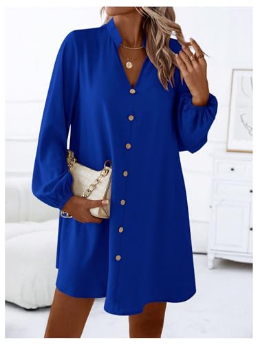 Women's V Neck Pullover Shirt Dress A Line Long Lantern Sleeve Flared Loose Mini Dresses