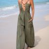 Women's Summer Jumpsuit Plunging Halter Sleeveless Striped Casual Dressy Outfit Wide Leg Pockets Maxi Overall