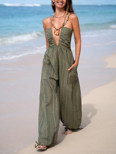 Women's Summer Jumpsuit Plunging Halter Sleeveless Striped Casual Dressy Outfit Wide Leg Pockets Maxi Overall