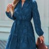 Women Ruffle Lace Mini Fall Dresses Semi Formal Wedding Guest Dress V Neck Long Puff Sleeve Elastic Waist Tie