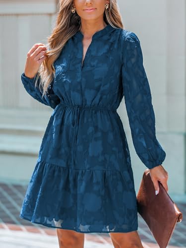 Women Ruffle Lace Mini Fall Dresses Semi Formal Wedding Guest Dress V Neck Long Puff Sleeve Elastic Waist Tie