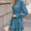 Women's Ruffle Mini Fall Dress Smocked V Neck Tie Waist Long Lantern Sleeve Flounce Hem Casual Autumn Dresses