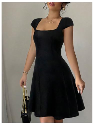 Women's Summer Dress Square Neck Cap Sleeve A Line Flared Short Dresses