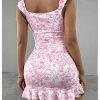 Women's Summer Floral Print Mini Dress Off The Shoulder Ruched Ruffle Hem Bodycon Dresses