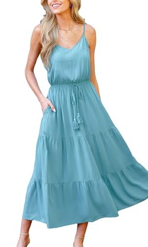 Women's Summer Dresses Casual V Neck Elastic Waist Maxi Tiered Dress with Pockets